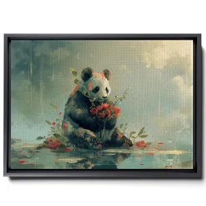 A Panda Holding Flowers And Sitting On A Puddle, In Soft Watercolor Style, Light Gray And Light Emerald, Forest Core, Animal Depiction, Canvas