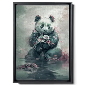 A Panda Holding Flowers And Sitting On A Puddle, In Soft Watercolor Style, Light Gray And Light Emerald, Forest Core, Animal Depiction, Decor Canvas