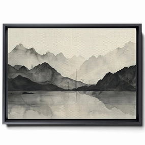 A Black And White Of Mountains, Windmills And Trees, In A Dark Beige And Dark Amber Style, Atmospheric Watercolor, Magenta Land, Panorama, Canvas