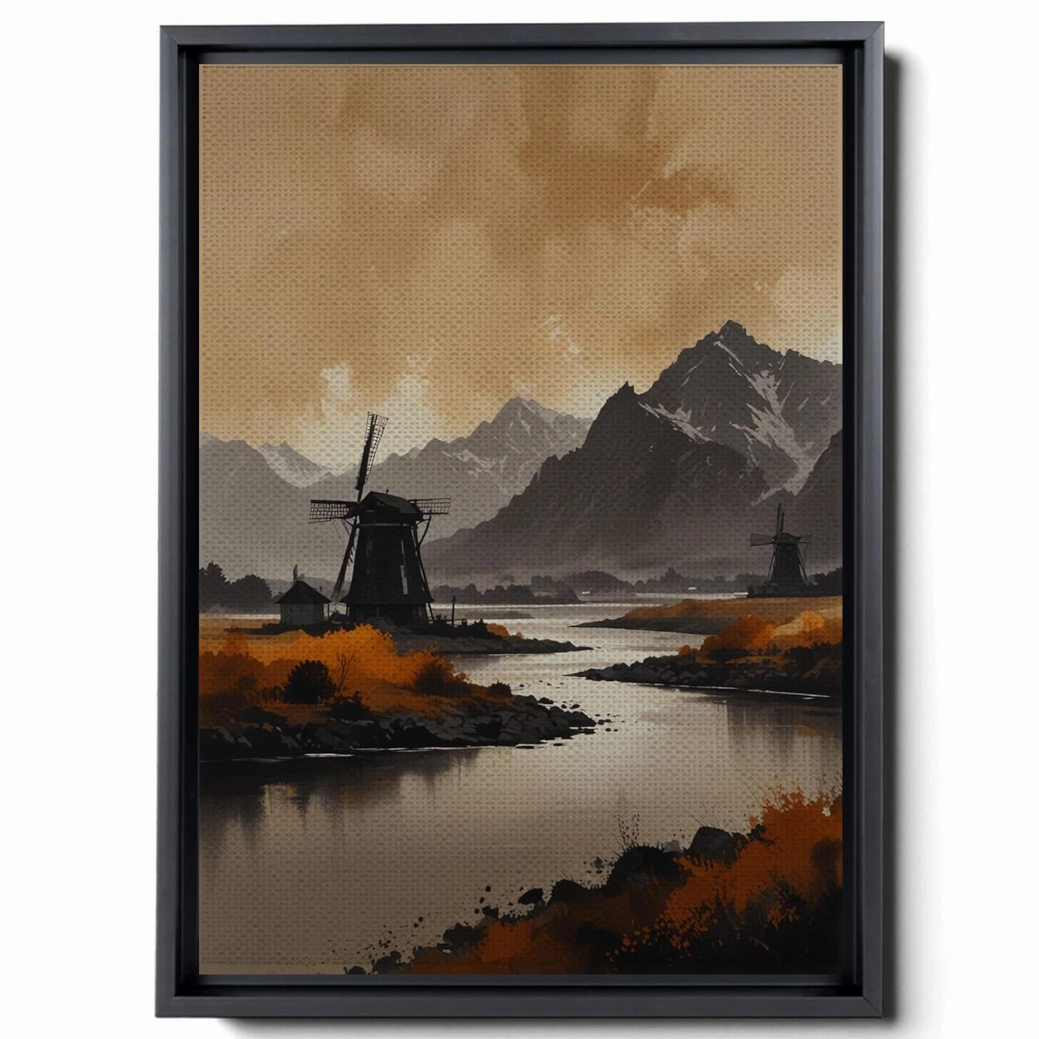 A Black And White Of Mountains, Windmills And Trees, In A Dark Beige And Dark Amber Style, Atmospheric Watercolor, Magenta Land, Panorama, Print