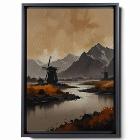 A Black And White Of Mountains, Windmills And Trees, In A Dark Beige And Dark Amber Style, Atmospheric Watercolor, Magenta Land, Panorama, Print