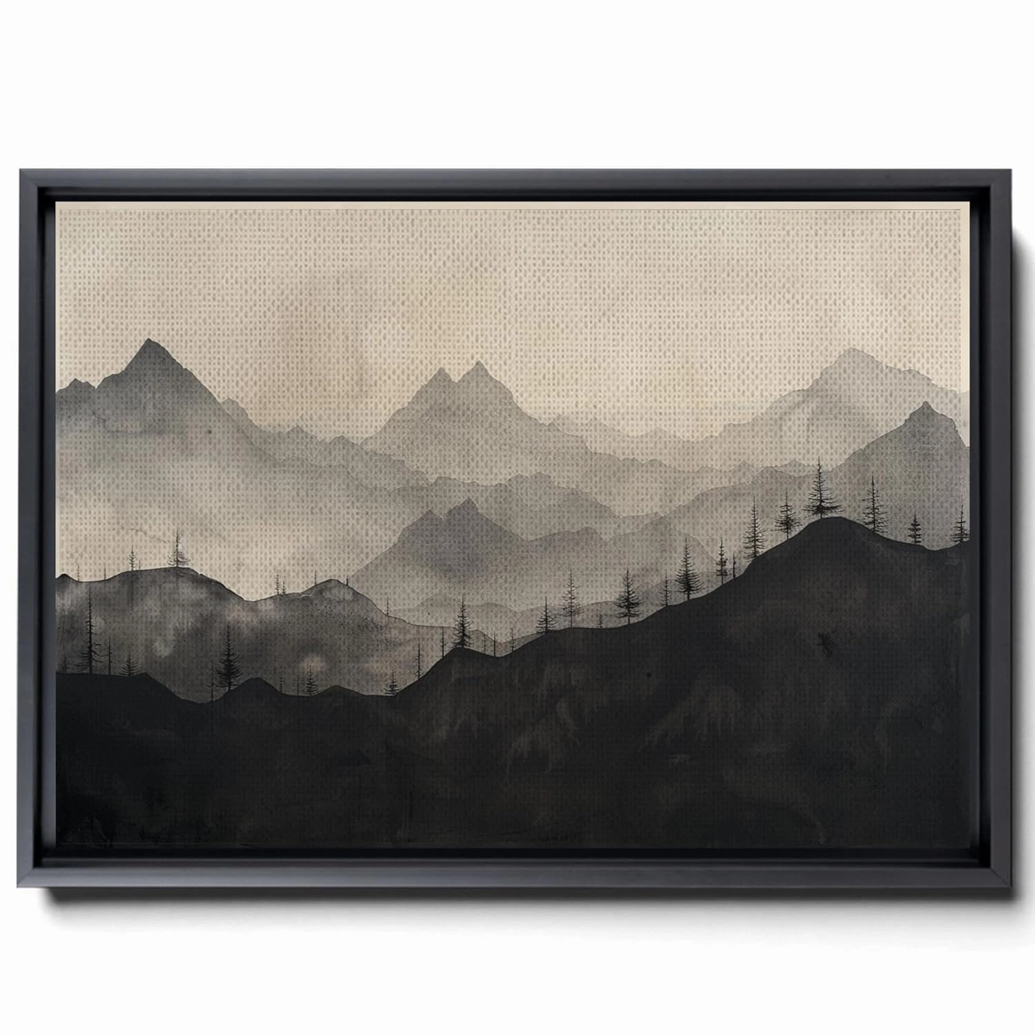 A Black And White Of Mountains, Windmills And Trees, In A Dark Beige And Dark Amber Style, Atmospheric Watercolor, Magenta Land, Panorama, Wall Art