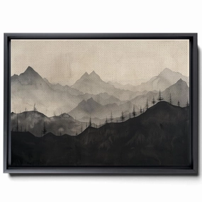 A Black And White Of Mountains, Windmills And Trees, In A Dark Beige And Dark Amber Style, Atmospheric Watercolor, Magenta Land, Panorama, Wall Art