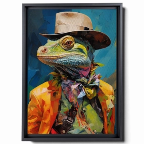 A Of An Iguana Dressed In Colourful And A Hat,Junya Watanabe, Street Style Realism, Western-Style Portraits, Green Academia, Canvas