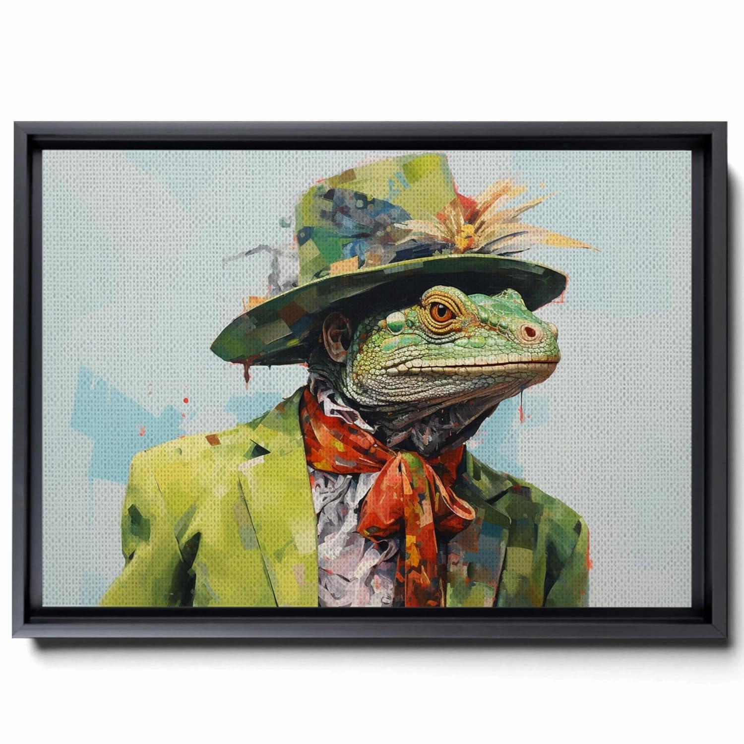 A Of An Iguana Dressed In Colourful And A Hat,Junya Watanabe, Street Style Realism, Western-Style Portraits, Green Academia, Canvas Prints