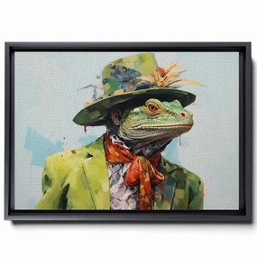 A Of An Iguana Dressed In Colourful And A Hat,Junya Watanabe, Street Style Realism, Western-Style Portraits, Green Academia, Canvas Prints