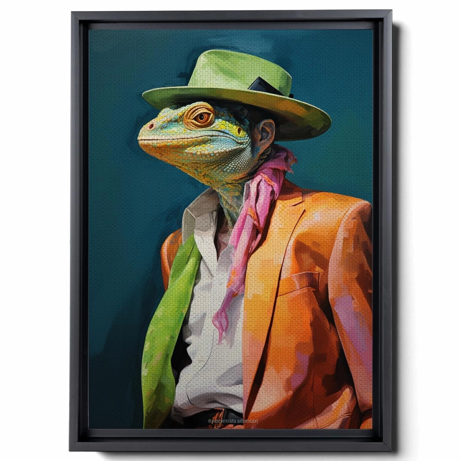 A Of An Iguana Dressed In Colourful And A Hat,Junya Watanabe, Street Style Realism, Western-Style Portraits, Green Academia, Canvas Prints