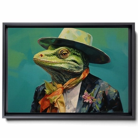 A Of An Iguana Dressed In Colourful And A Hat,Junya Watanabe, Street Style Realism, Western-Style Portraits, Green Academia, Canvas