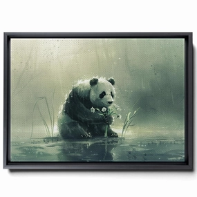 A Panda Holding Flowers And Sitting On A Puddle, In Soft Watercolor Style, Light Gray And Light Emerald, Forest Core, Animal Depiction, Canvas Prints