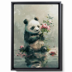 A Panda Holding Flowers And Sitting On A Puddle, In Soft Watercolor Style, Light Gray And Light Emerald, Forest Core, Animal Depiction, Decor Canvas