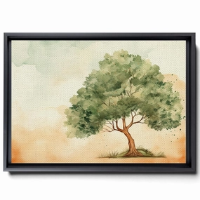 A Watercolor Of A Tree, In The Style Of Light Emerald And Beige, Charming Character Illustrationswarm Color Palettes, Wallpaper, Canvas Prints