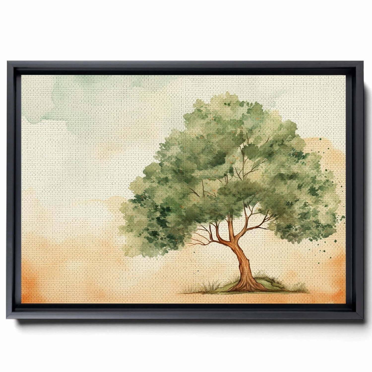 A Watercolor Of A Tree, In The Style Of Light Emerald And Beige, Charming Character Illustrationswarm Color Palettes, Wallpaper, Canvas Prints