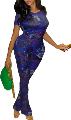 acelyn Women’s Sexy Two Piece Sets Short Sleeve Mesh Bodycon Flared Pants Sets Club Going Out Birthday Outfits