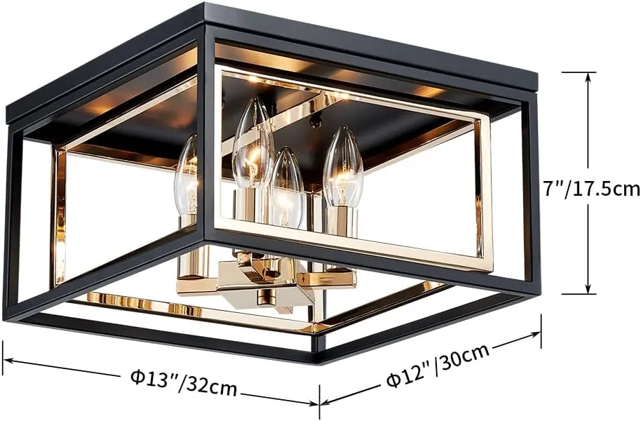 AGV LIGHTING CL035G Modern Flush Mount Ceiling Light Fixture, Close to Ceiling Light, E12 Base 3-Lights, L12 x W12 x H7, Matte Black & Shine Gold Finish