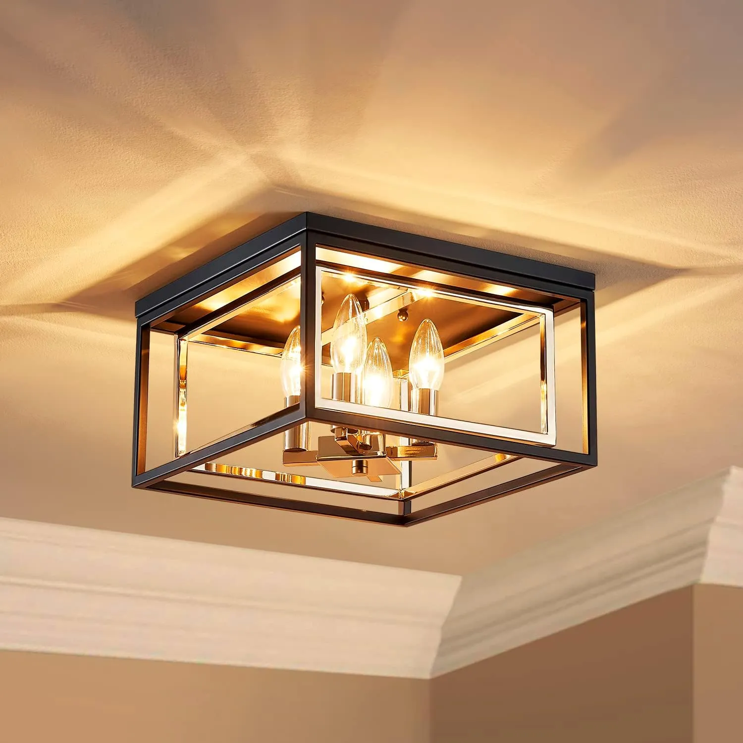 AGV LIGHTING CL035G Modern Flush Mount Ceiling Light Fixture, Close to Ceiling Light, E12 Base 3-Lights, L12 x W12 x H7, Matte Black & Shine Gold Finish