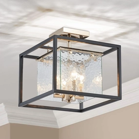 AGV LIGHTING CL015 Semi Flush Mount Ceiling Light Fixture, Close to Ceiling Light, 4-Lights E12 Base, Hazy Textured Glass Shade, Matte Black & Shine Gold Finish