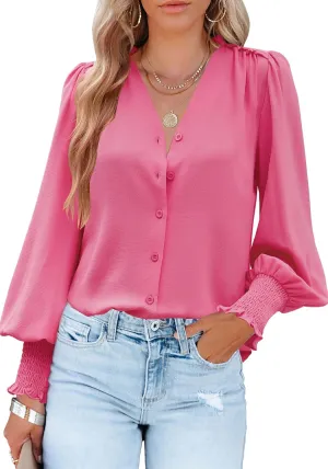 Aifer Womens Blouse Lantern Long Sleeve Dressy Casual Tops V Neck Button Down Shirts Blouses 2025