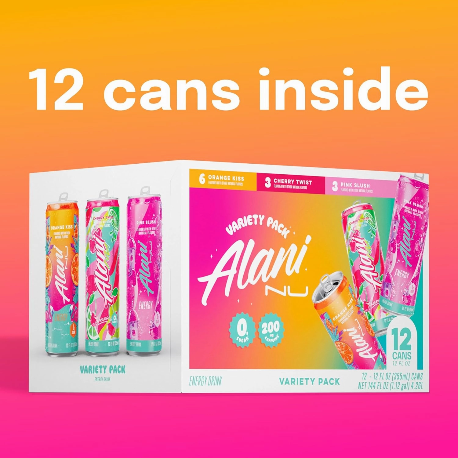 Alani Nu VARIETY PACK CHERRY TWIST, PINK SLUSH, ORANGE KISS Sugar Free, Low Calorie Energy Drinks, 200mg Caffeine, Biotin B Vitamins, Zero Sugar, 10 Calories, 12 Fl Oz Cans, 12 Pack