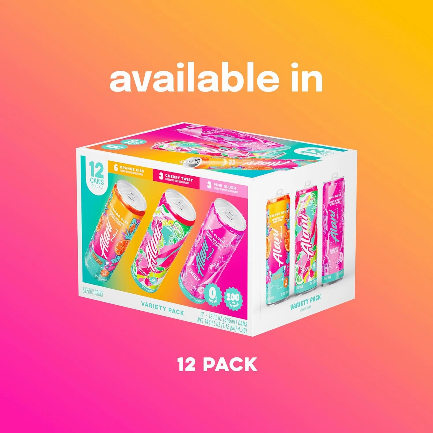 Alani Nu VARIETY PACK CHERRY TWIST, PINK SLUSH, ORANGE KISS Sugar Free, Low Calorie Energy Drinks, 200mg Caffeine, Biotin B Vitamins, Zero Sugar, 10 Calories, 12 Fl Oz Cans, 12 Pack