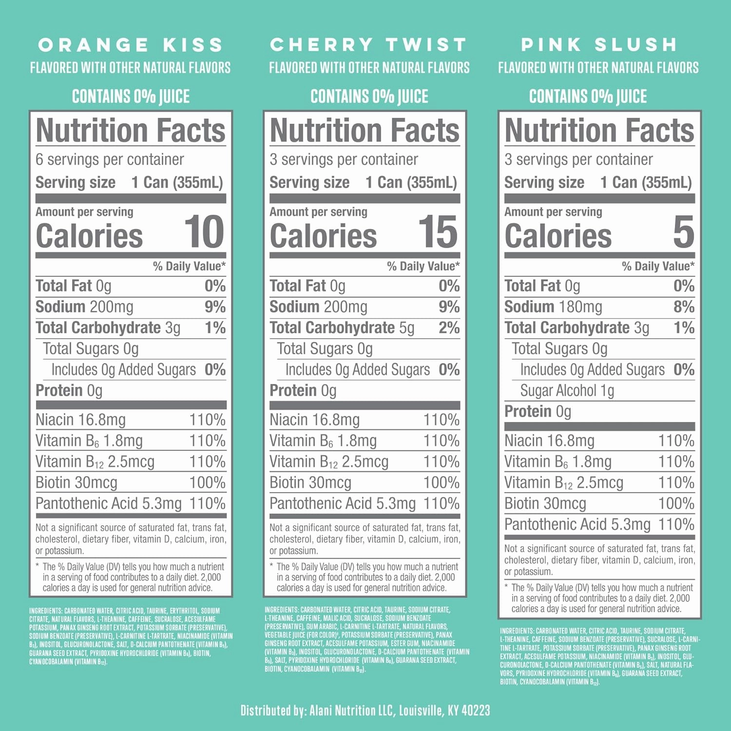 Alani Nu VARIETY PACK CHERRY TWIST, PINK SLUSH, ORANGE KISS Sugar Free, Low Calorie Energy Drinks, 200mg Caffeine, Biotin B Vitamins, Zero Sugar, 10 Calories, 12 Fl Oz Cans, 12 Pack
