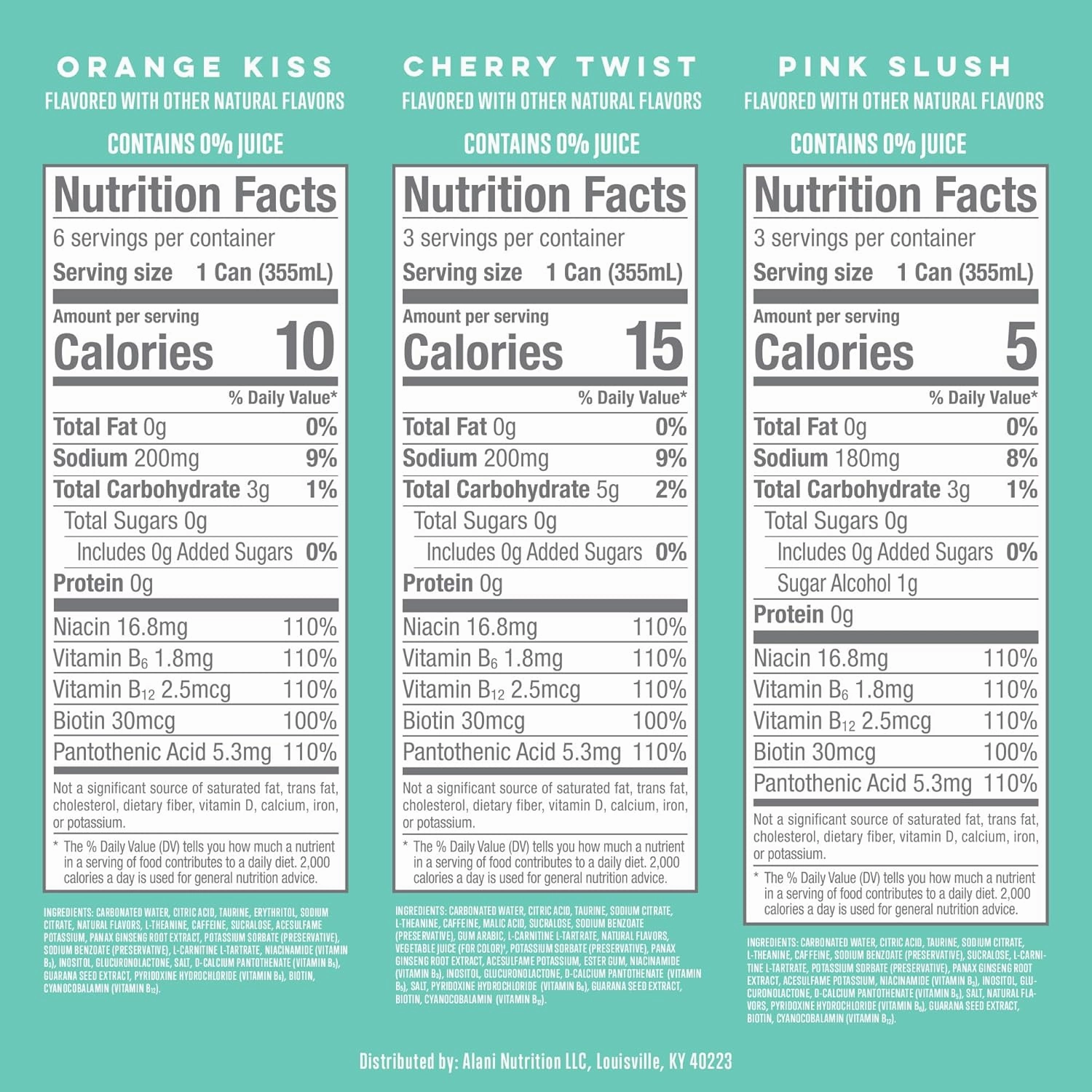 Alani Nu VARIETY PACK CHERRY TWIST, PINK SLUSH, ORANGE KISS Sugar Free, Low Calorie Energy Drinks, 200mg Caffeine, Biotin B Vitamins, Zero Sugar, 10 Calories, 12 Fl Oz Cans, 12 Pack