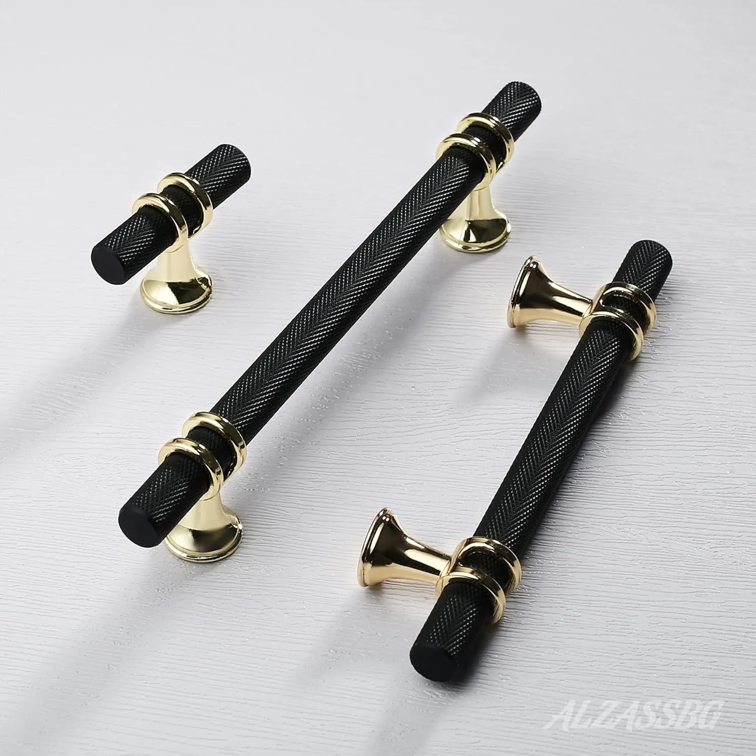 Alzassbg 10 Pack Matt Black and Gold Cabinet Pulls, 3-3/4 Inch(96mm) Hole Centers Kitchen Hardware Knurled Cabinet Handles for Cabinets and Drawers AL3087KGP-MB