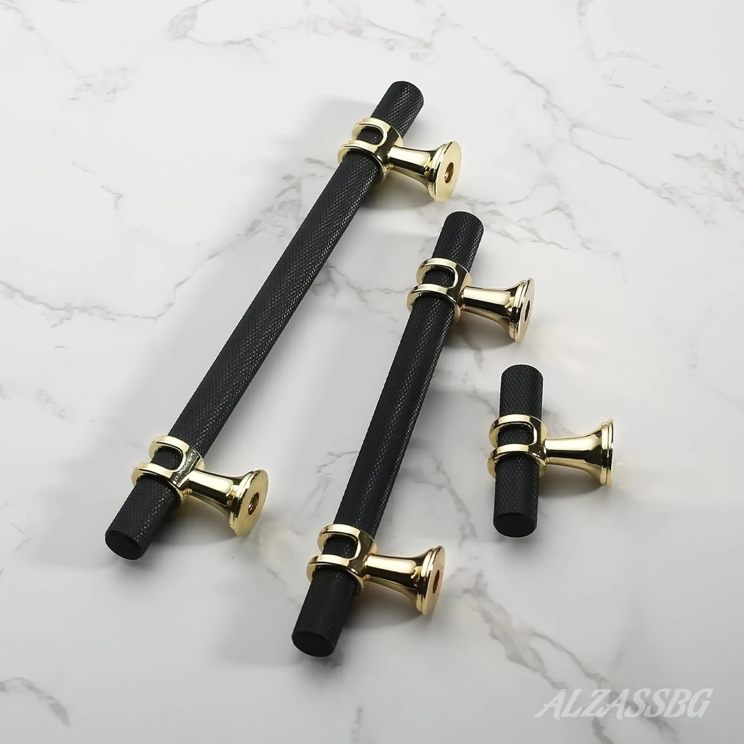 Alzassbg 10 Pack Matt Black and Gold Cabinet Pulls, 3-3/4 Inch(96mm) Hole Centers Kitchen Hardware Knurled Cabinet Handles for Cabinets and Drawers AL3087KGP-MB