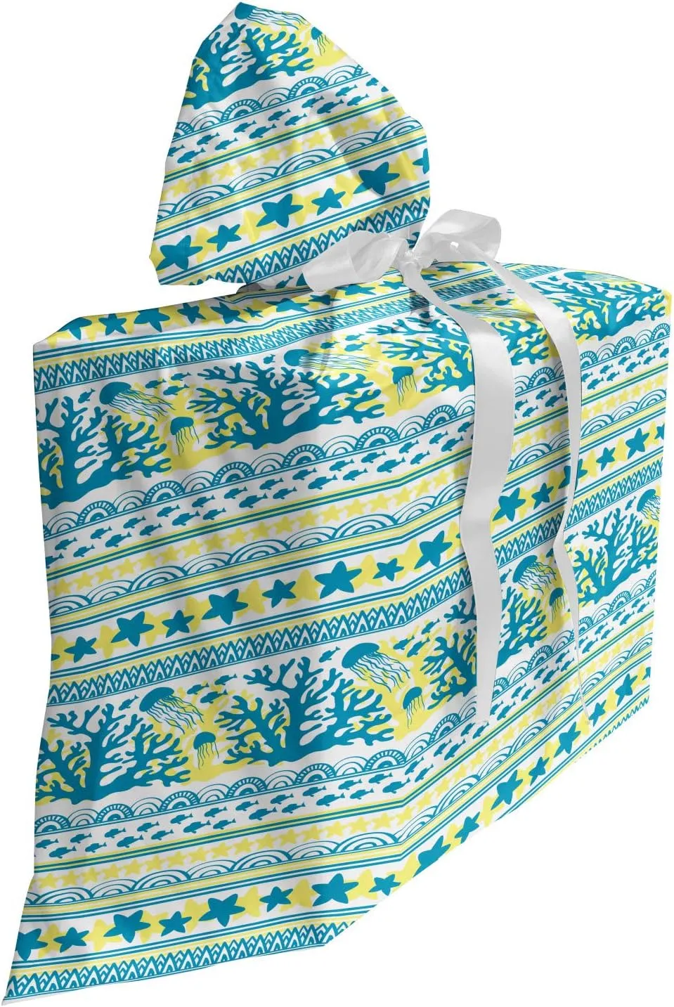 Ambesonne Aqua and Coral Fabric Gift Bag, Rhythmic Horizontal Striped Marine Jellyfish Bicolour Print, Present Sack for Parties Birthdays with 3 Ribbons, 27, Sea Blue and Pastel Yellow