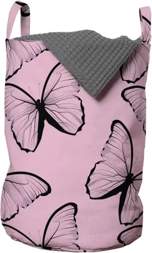 Ambesonne Butterfly Laundry Bag, Rhythmic Flying Moths Spring Animal Feminine Tones Illustration, Hamper Basket with Handles Drawstring Closure for Laundromats, 13" x 19", Pale Pink Charcoal Grey