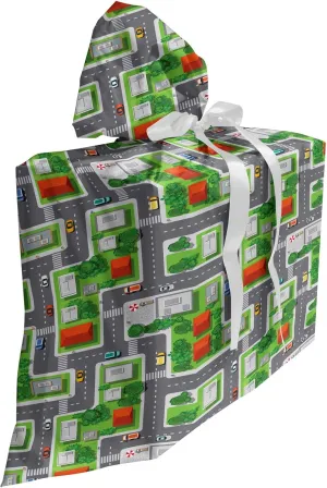 Ambesonne Car Race Track Gift Bag, Activity Suburb View with Houses Gardens and Trees Cartoon Design, Fabric Party Favor Pouch with 3 Ribbons, 27, Multicolor