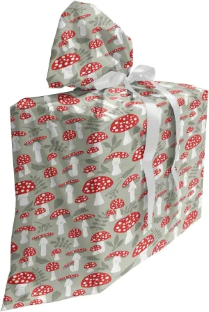 Ambesonne Cartoon Gift Bag, Poisonous Amanita Mushroom Pattern with Foliage and Berry Silhouettes, Fabric Party Favor Pouch with 3 Ribbons, 27, Pale Sage Green White