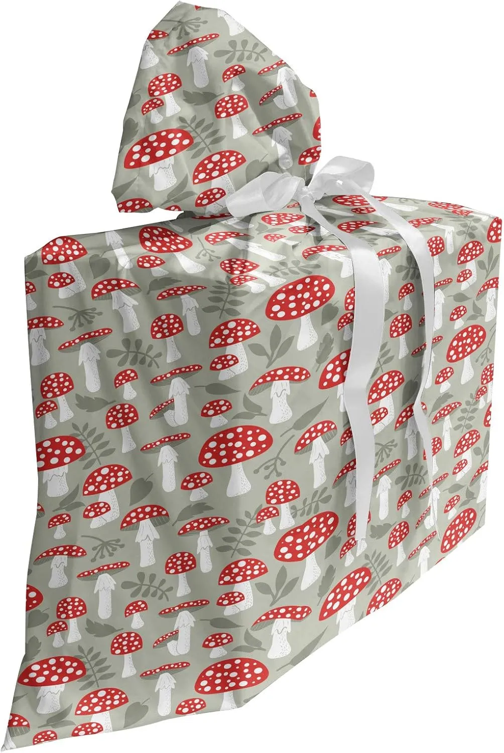 Ambesonne Cartoon Gift Bag, Poisonous Amanita Mushroom Pattern with Foliage and Berry Silhouettes, Fabric Party Favor Pouch with 3 Ribbons, 27, Pale Sage Green White