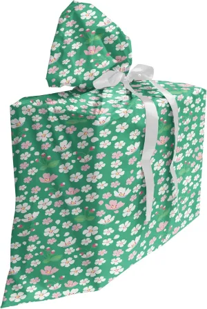 Ambesonne Cherry Blossom Gift Bag, Downward Sloping Cherry Blossom Petals on a Greenery Background, Fabric Party Favor Pouch with 3 Ribbons, 27, Rose and Sea Green