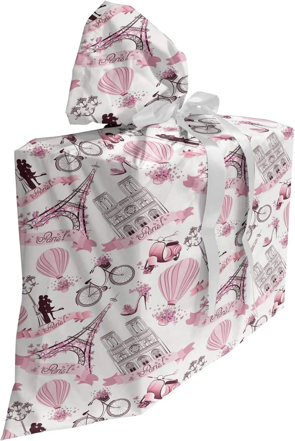 Ambesonne Eiffel Tower Fabric Gift Bag, Travel in Paris Theme Honeymoon Flowers Romance Hot Air Balloon Bike, Present Sack for Parties Birthdays with 3 Ribbons, 27, Pale Pink White