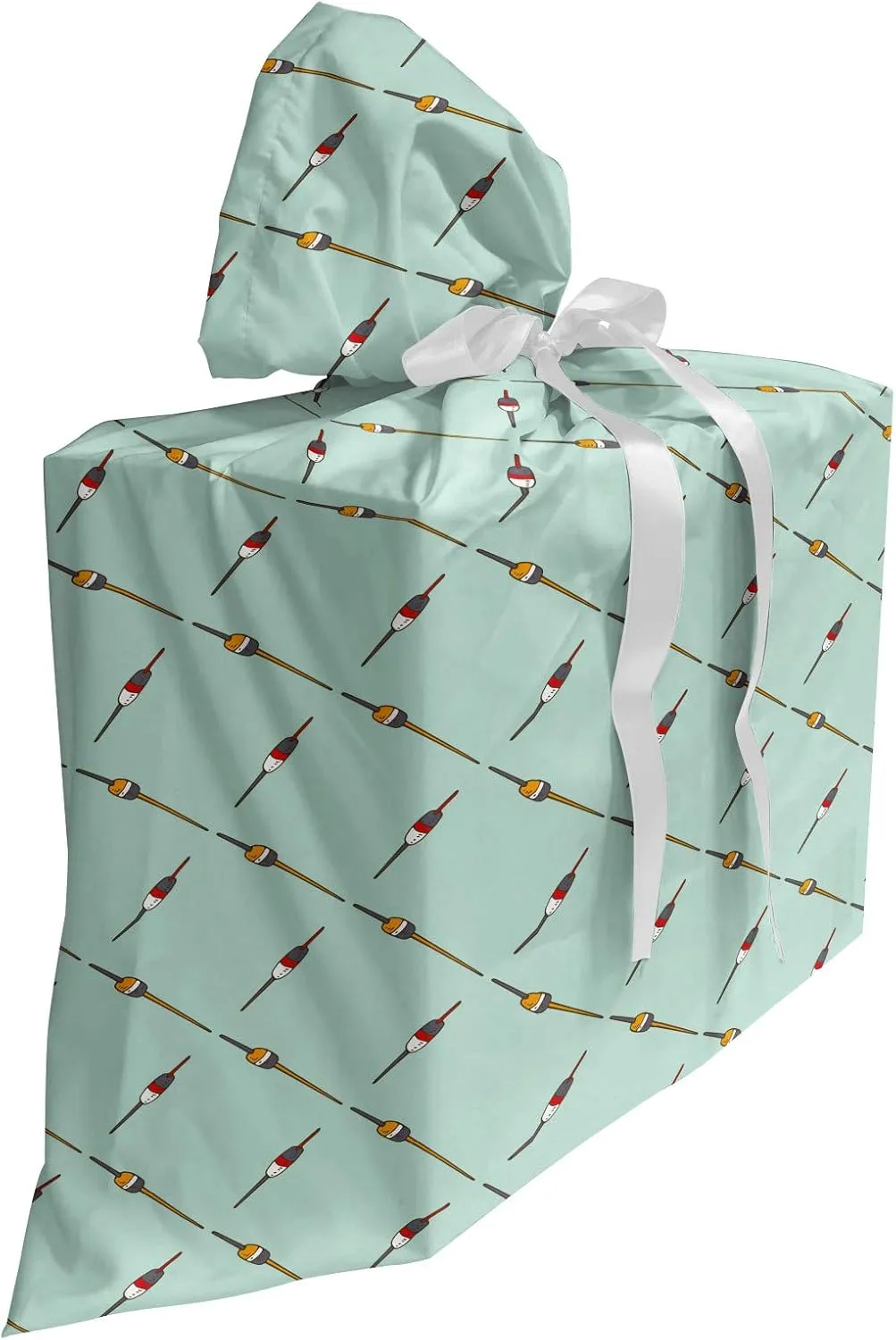 Ambesonne Fishing Fabric Gift Bag, Fishing Floats Fishery Knowledge Hobbies Summer Time Lake Adventures, Present Sack for Parties Birthdays with 3 Ribbons, 27, Almond Green Multicolor