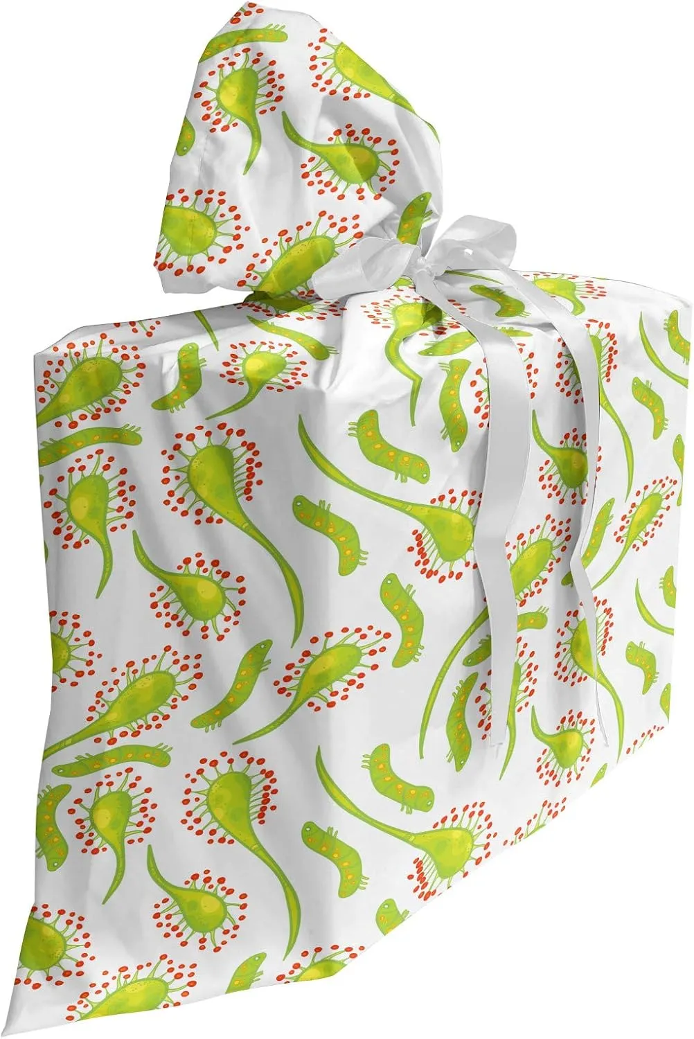 Ambesonne Foliage Gift Bag, Sundew Plant and Larva Doodle Carnivorous Plant Illustration, Fabric Party Favor Pouch with 3 Ribbons, 27, Apple Green Vermilion