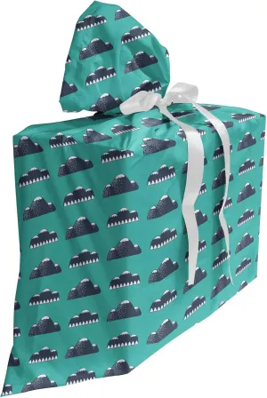 Ambesonne Geology Fabric Gift Bag, Mountain Silhouettes Nature Themed Outdoor Rock Snow, Present Sack for Parties Birthdays with 3 Ribbons, 27, Dark Blue Dark Seafoam