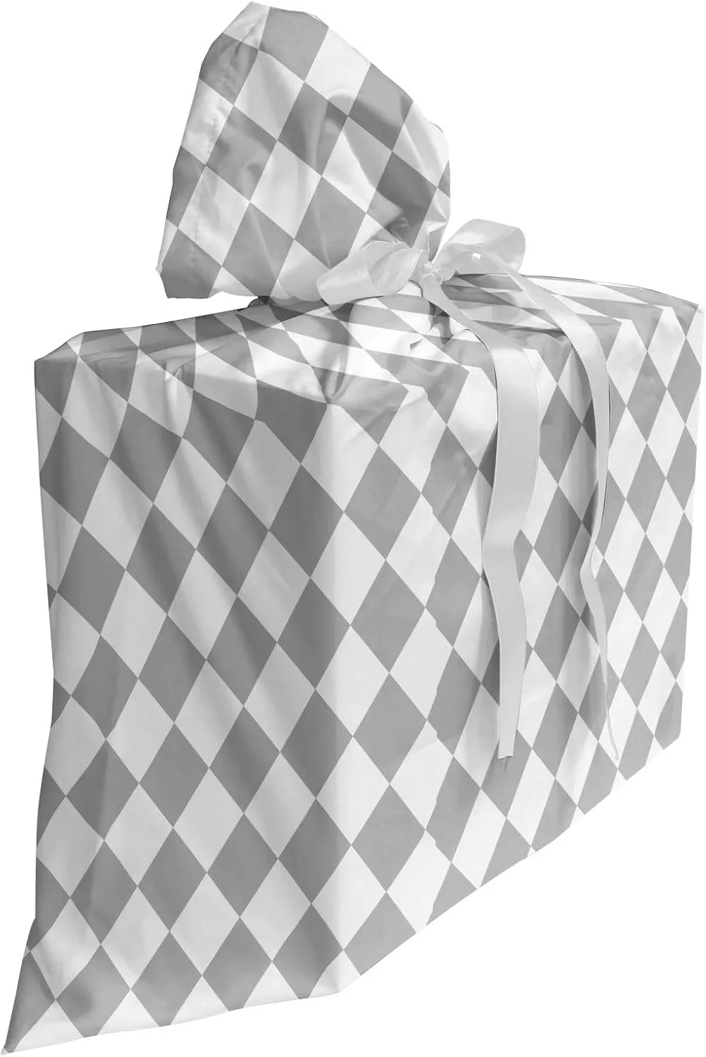 Ambesonne Grey Geometric Gift Bag, Harlequin Style Pattern with Diamonds Elongated Square Shapes Print, Fabric Party Favor Pouch with 3 Ribbons, 27, Pale Grey and White