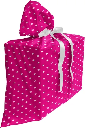 Ambesonne Hot Pink Fabric Gift Bag, Symmetrical Pattern with White Stars Girlish Pattern Retro Party Tile, Present Sack for Parties Birthdays with 3 Ribbons, 27, Hot Pink White
