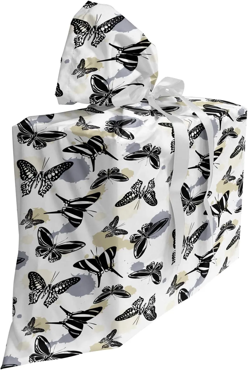 Ambesonne Insects Fabric Gift Bag, Demonstration of Repetitive Various Butterflies on a Plain Background, Present Sack for Parties Birthdays with 3 Ribbons, 27, White and Multicolor
