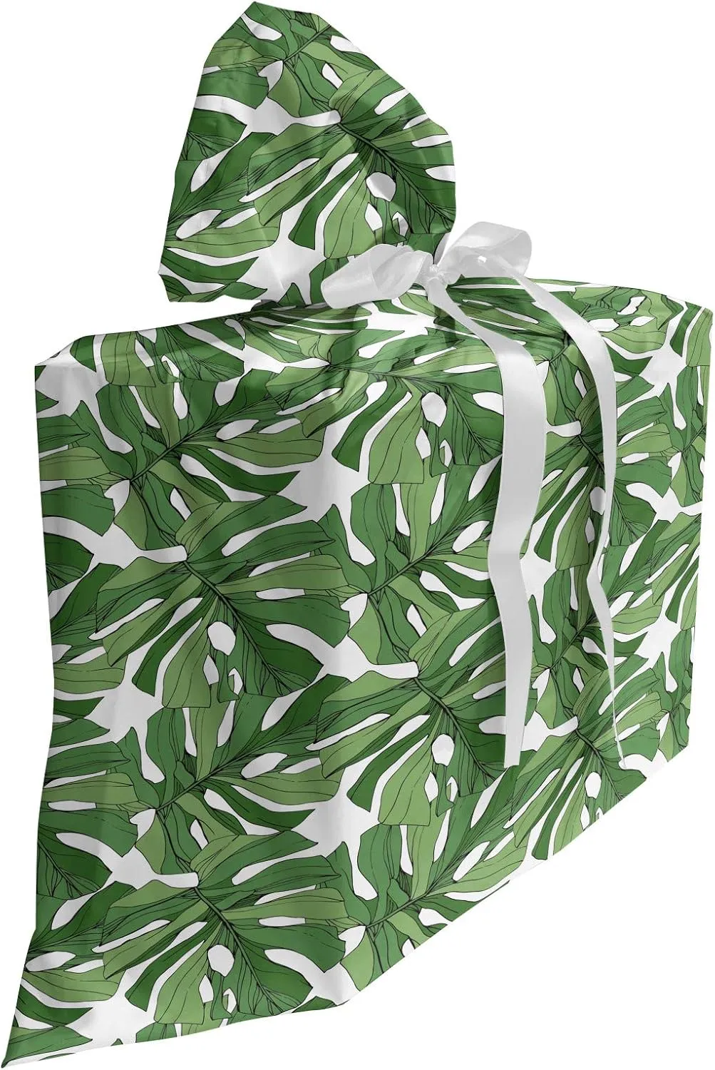 Ambesonne Jungle Foliage Gift Bag, Demonstration of Beach Setting Tree Leaves Pattern in Cartoon, Fabric Party Favor Pouch with 3 Ribbons, 27, Fern Green Peacock Green