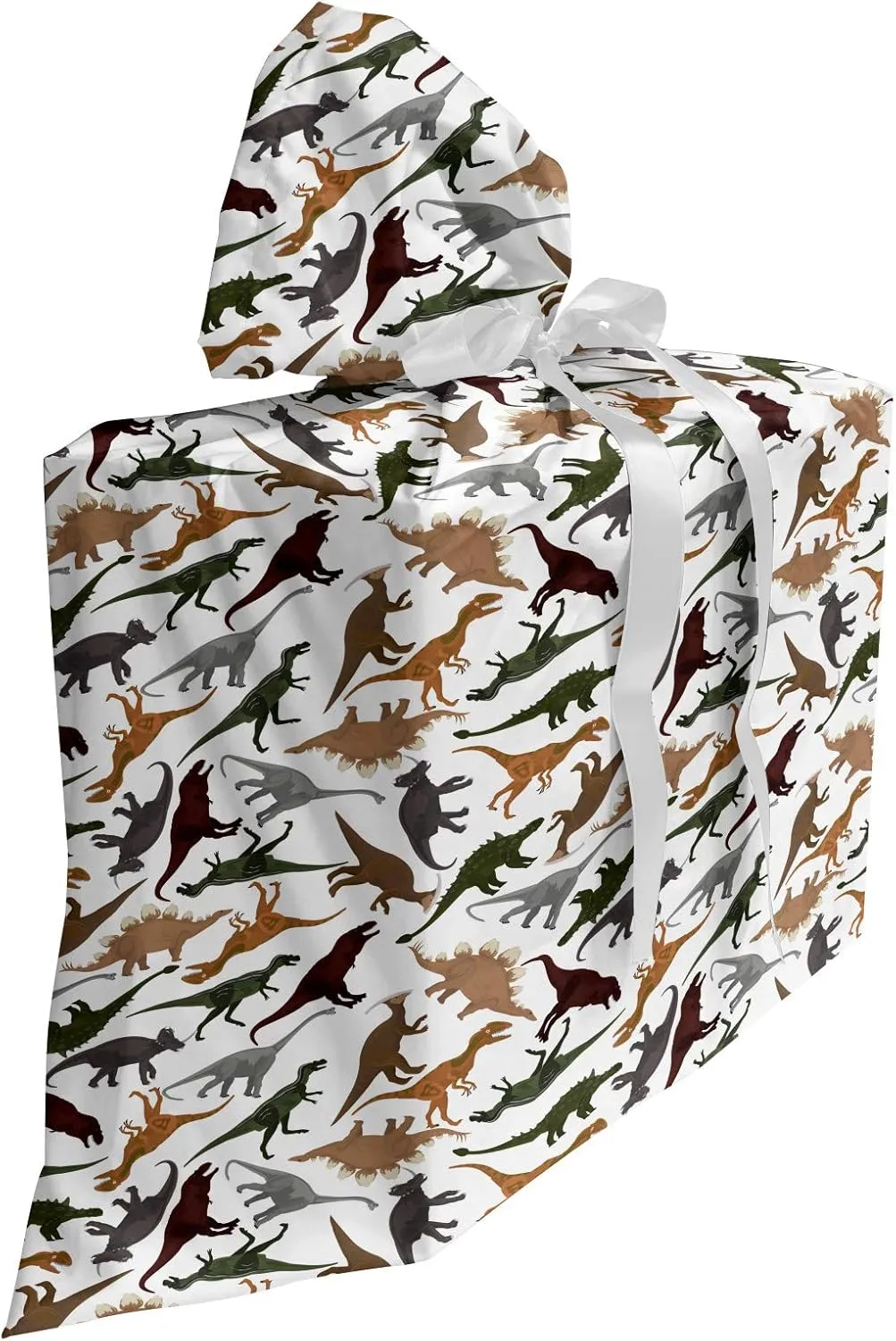 Ambesonne Jurassic Gift Bag, Pattern Dinosaurs Enormous Museum History Cartoony Illustration, Fabric Party Favor Pouch with 3 Ribbons, 27, Dark Orange Burgundy