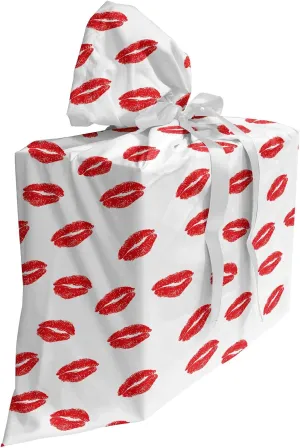 Ambesonne Lips Gift Bag, Kisses Imprint Inspired Repeating Pattern on Plain Background Romance, Fabric Party Favor Pouch with 3 Ribbons, 27, Scarlet White