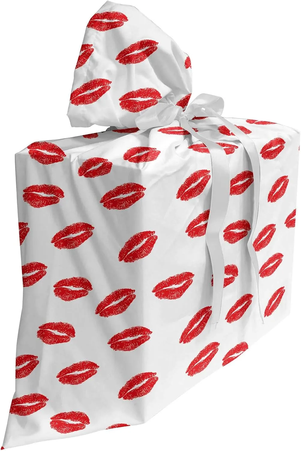 Ambesonne Lips Gift Bag, Kisses Imprint Inspired Repeating Pattern on Plain Background Romance, Fabric Party Favor Pouch with 3 Ribbons, 27, Scarlet White
