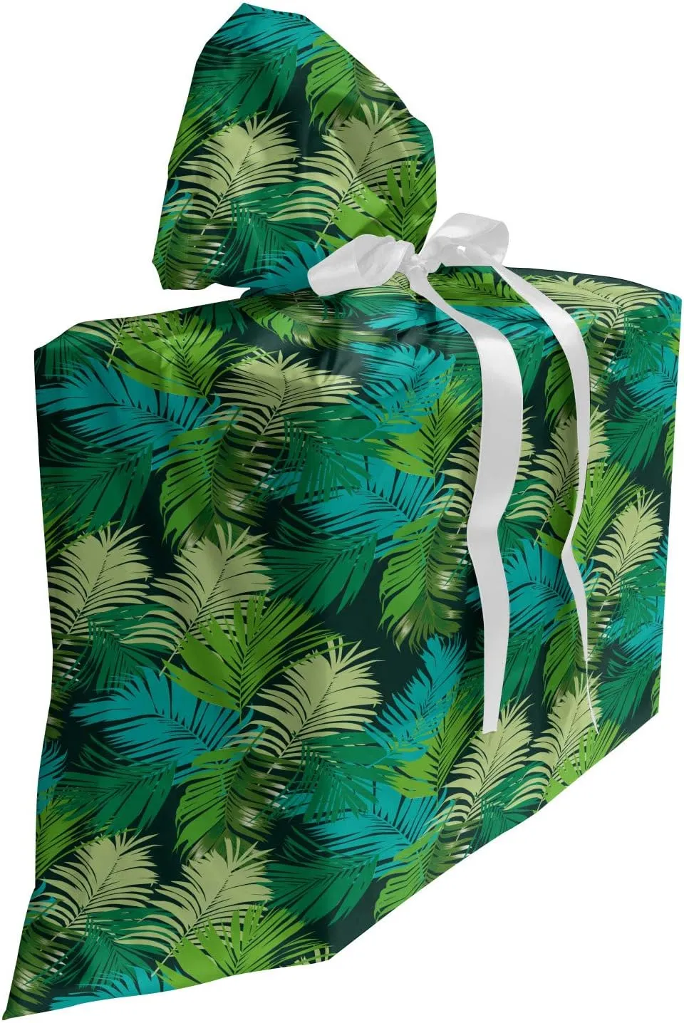 Ambesonne Palm Leaf Gift Bag, Rhythmic Motif Pattern of Digitally Illustrated Tropical Jungle, Fabric Party Favor Pouch with 3 Ribbons, 27, Dark Green Multicolor