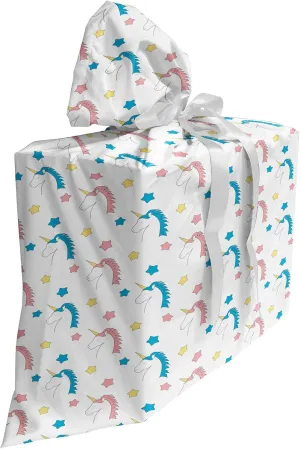 Ambesonne Pastel Fabric Gift Bag, Character Cartoon Unicorns with Colorful Mane Hair and Stars, Present Sack for Parties Birthdays with 3 Ribbons, 27, Blue Coral Yellow