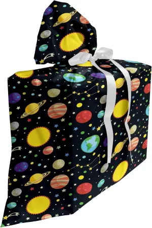 Ambesonne Space Fabric Gift Bag, Comets and Constellations Stars with Polka Dots Earth Sun Saturn Mars Solar System, Present Sack for Parties Birthdays with 3 Ribbons, 27, Multicolor