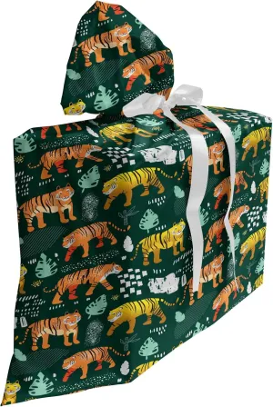 Ambesonne Tigers Gift Bag, Wildlife Interpretation of Jungle Animals, Fabric Party Favor Pouch with 3 Ribbons, 27, Hunter Green Multicolor
