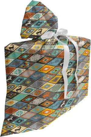 Ambesonne Tribal Fabric Gift Bag, Prehistoric Culture Composition with Different Motifs Elk and Bulls Folk Mosaic, Present Sack for Parties Birthdays with 3 Ribbons, 27, Multicolor