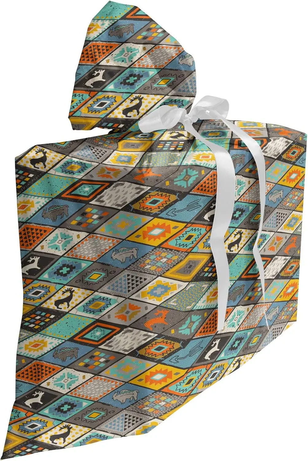 Ambesonne Tribal Fabric Gift Bag, Prehistoric Culture Composition with Different Motifs Elk and Bulls Folk Mosaic, Present Sack for Parties Birthdays with 3 Ribbons, 27, Multicolor